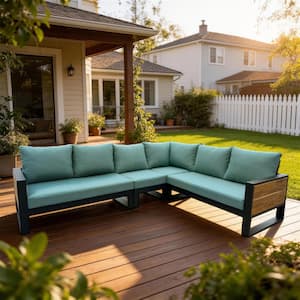 Black Aluminum Outdoor Sectional Set with White Cushions, U-shaped