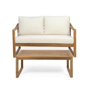 Barclay Teak Acacia Wood Outdoor Patio Loveseat and Table Set with Beige Cushions