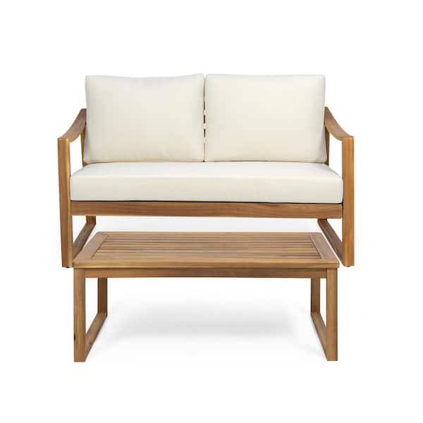 Noble House Barclay Teak Acacia Wood Outdoor Patio Loveseat and Table Set with Beige Cushions