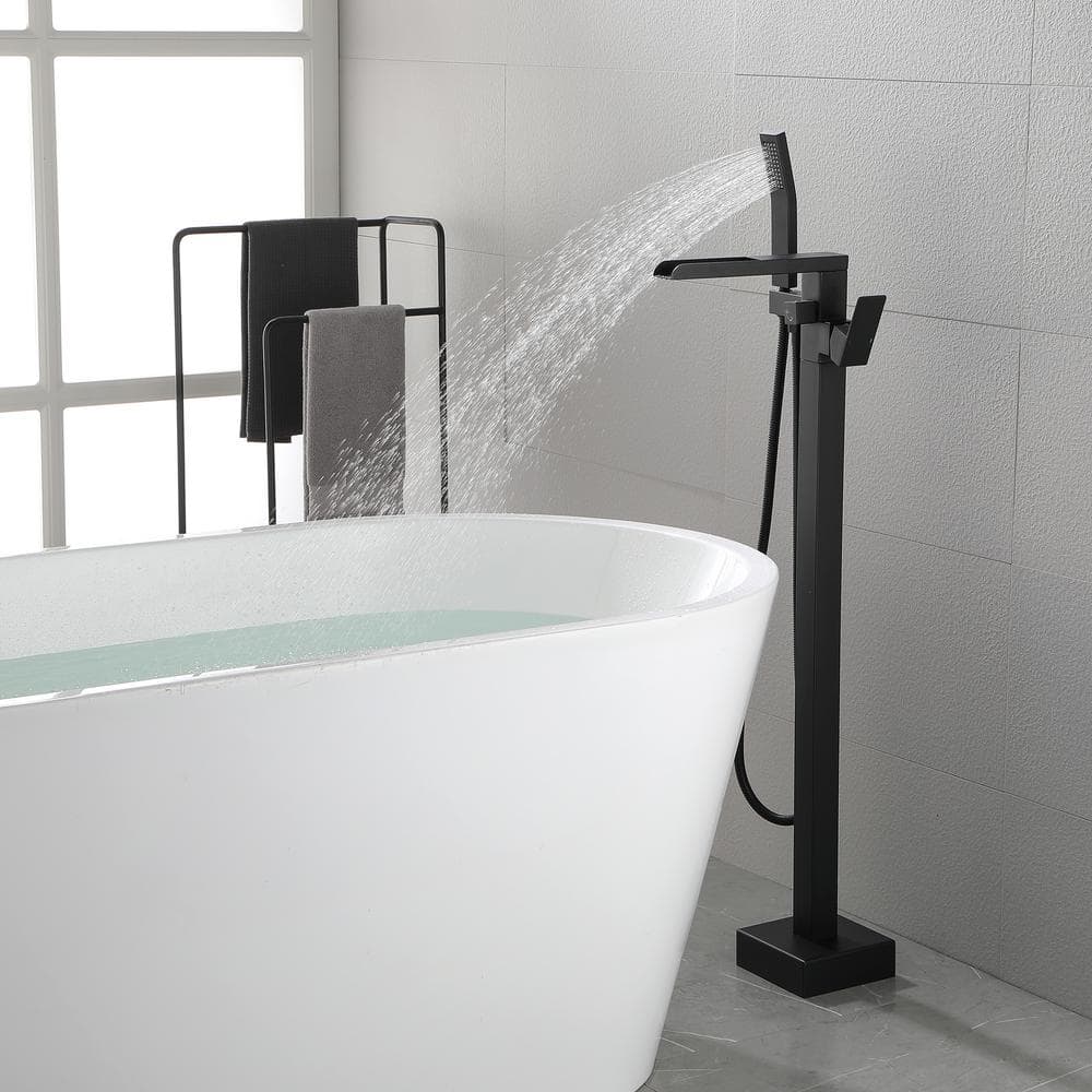 Matte Black Freestanding Floor Mount Tub Faucet with Hand Shower