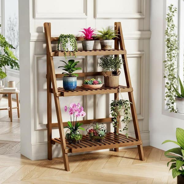 3-Tier Walnut Wood Foldable Ladder Shelf Flower Pot Plant Stand