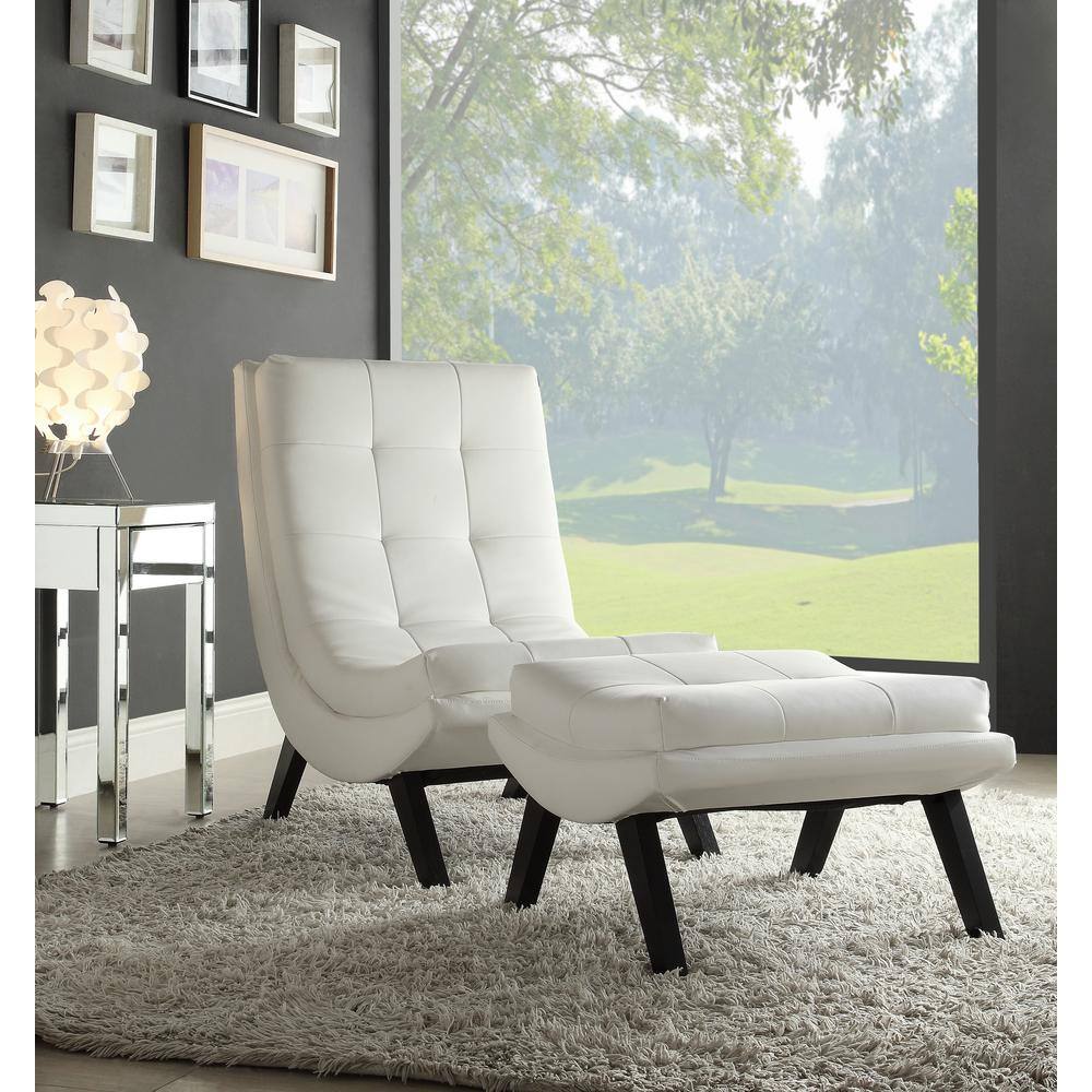 White Faux Leather Lounge Chair and Ottoman with Wood Legs