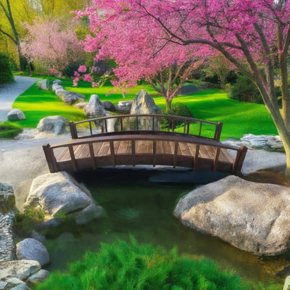 8 ft. Japanese Treated Wood Garden Moon Bridge with Arched Railings