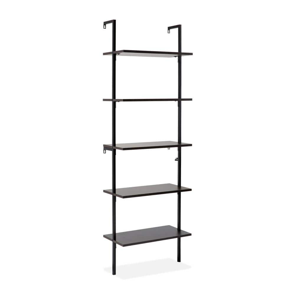 Madera Tall Black Wood and Metal Ladder Bookcase with 5 Shelves