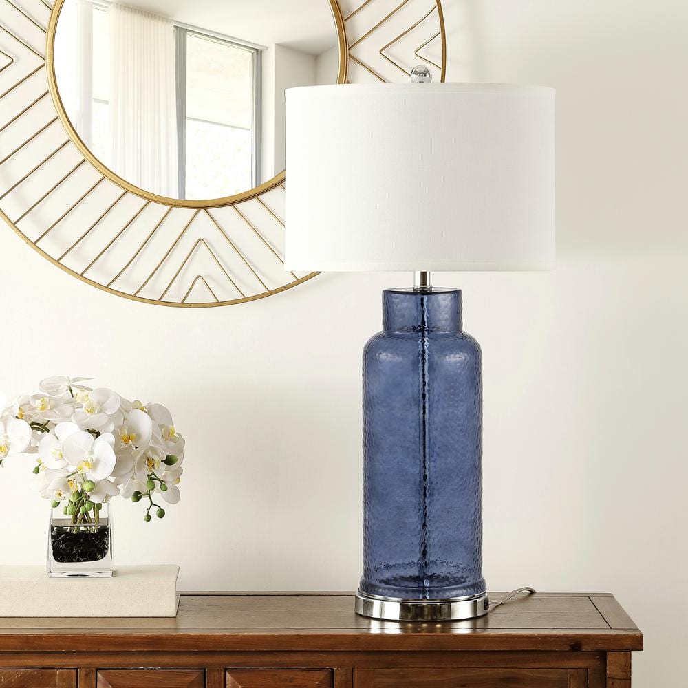 Blue Glass Table Lamp Set with Silver Base and USB Port