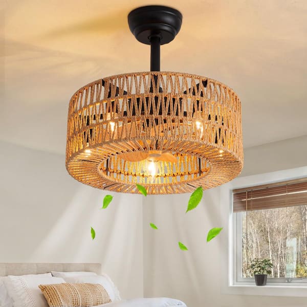 Boho 18 in. Indoor Brown Rattan Caged Rope Low Profile Ceiling Fan with No Bulb Included with Remote Included
