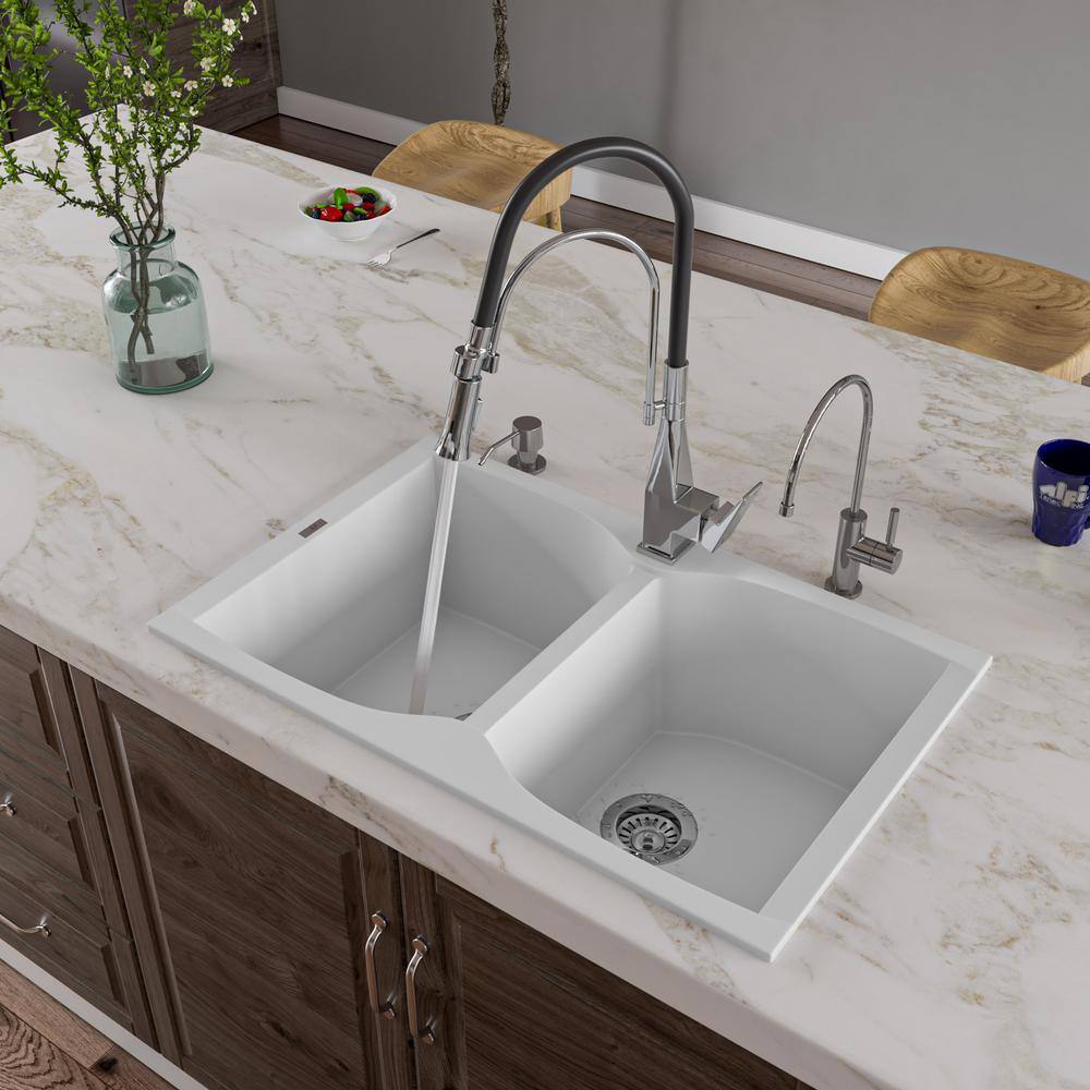 31.13'' White Granite Double Bowl Drop-In Kitchen Sink