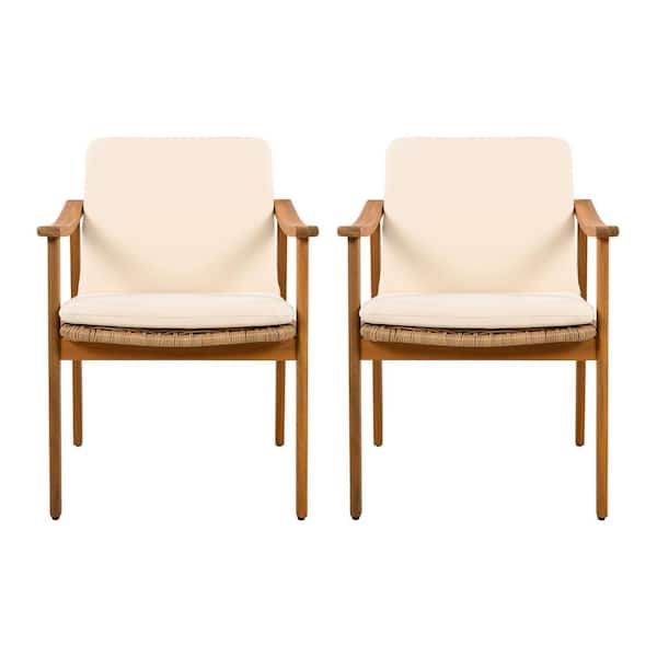 Brown PE Wicker Outdoor Dining Chair with Beige Cushion (2-Pack)