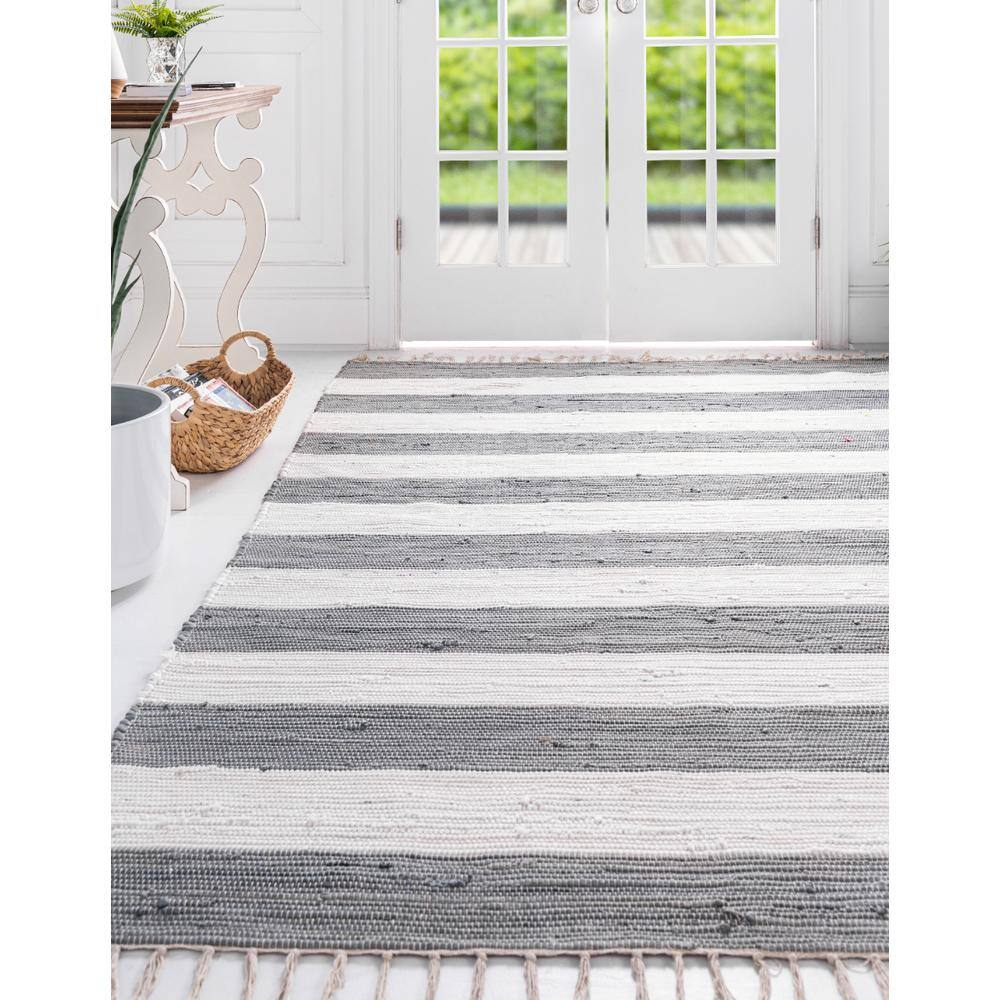 Handwoven Striped Chindi Rag Rug in Gray and Cream Cotton