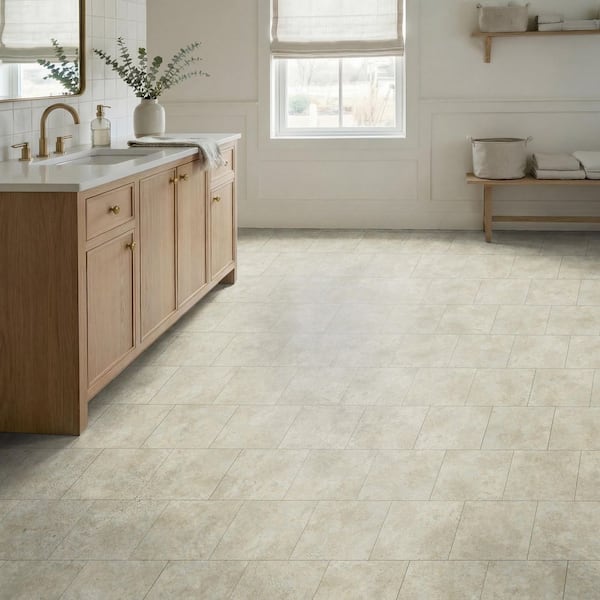 Travertine Beige 4 MIL x 12 in. W x 12 in. L Peel and Stick Water Resistant Vinyl Tile Flooring (30 sqft/case)