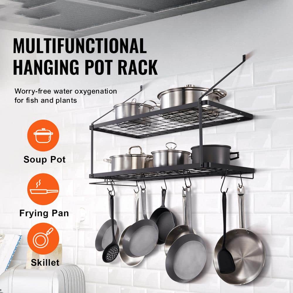 Black Carbon Steel Wall-Mounted Pot Rack with 12 Hooks