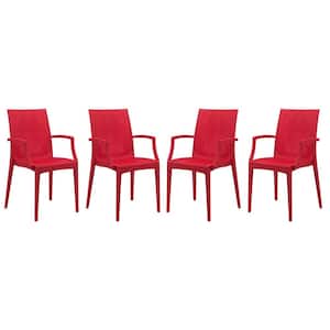 Red Mace Modern Stackable Plastic Weave Design Indoor Outdoor Dining Chair with Arms (Set of 4)