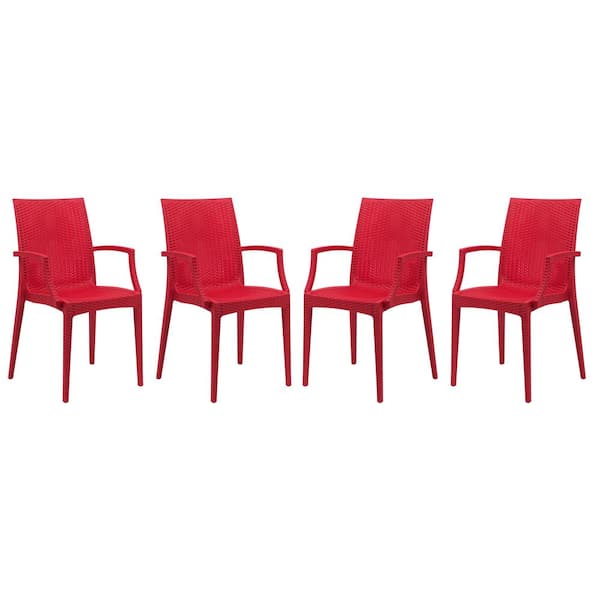 Leisuremod Red Mace Modern Stackable Plastic Weave Design Indoor Outdoor Dining Chair with Arms (Set of 4)