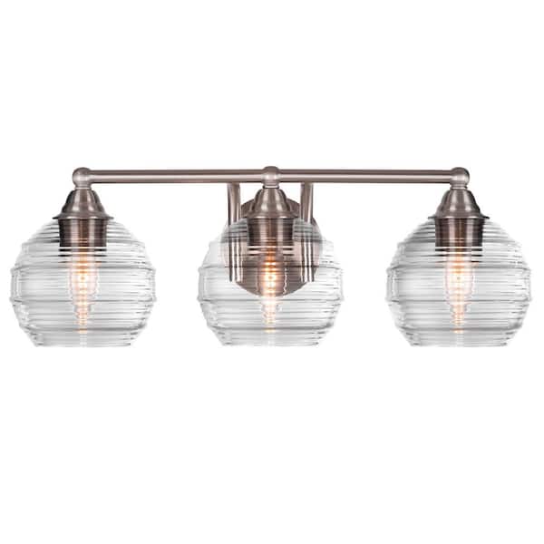 Unbranded Madison 8 in. 3-Light Bath Bar, Brushed Nickel, Clear Ribbed Glass Vanity Light