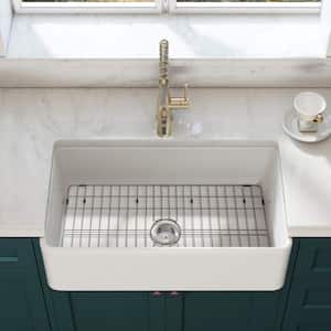 30 in Fireclay Single Bowl Farmhouse Apron Front Kitchen Sink with Bottom Grid and Kitchen Sink Drain