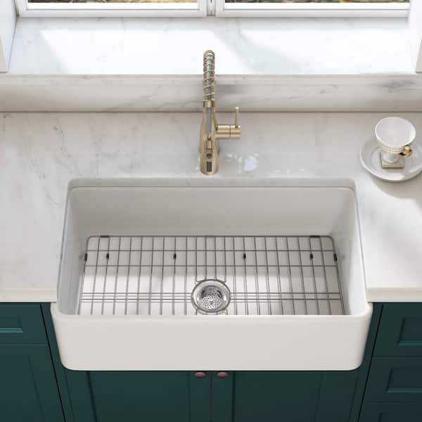 Aoibox 30 in Fireclay Single Bowl Farmhouse Apron Front Kitchen Sink with Bottom Grid and Kitchen Sink Drain