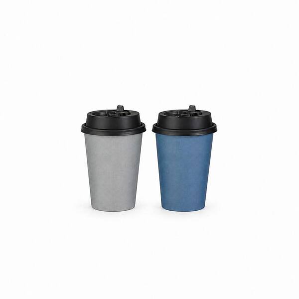 12 oz Disposable Paper Coffee Cups with Leak-Resistant Lids, 100 Pack, Blue and Gray, Hot and Cold Drinks