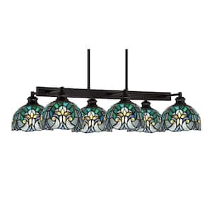 Albany 6 Light Espresso Downlight Chandelier, Linear Chandelier for the Kitchen with Turquoise Cypress Glass Shades