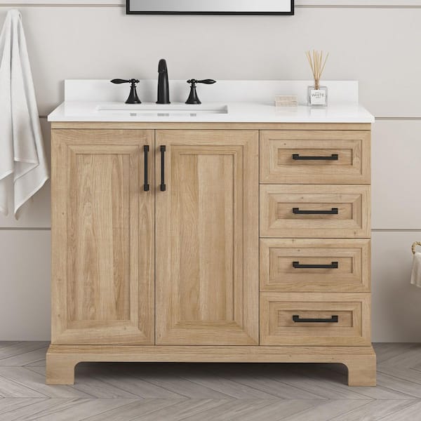 Sinita 42 in. Single Sink Weathered Tan Bath Vanity with White Engineered Stone Top (Assembled)