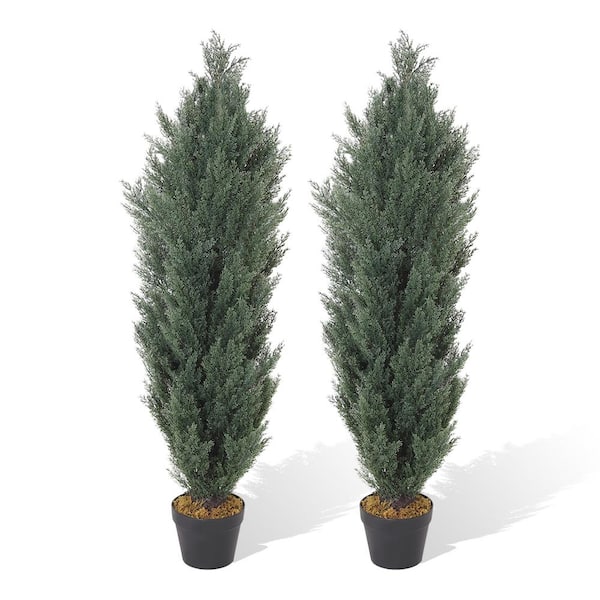 poetree 4 ft. Artificial Dark Green Cedar Plant Topiary Tree in Pot 2-Pack
