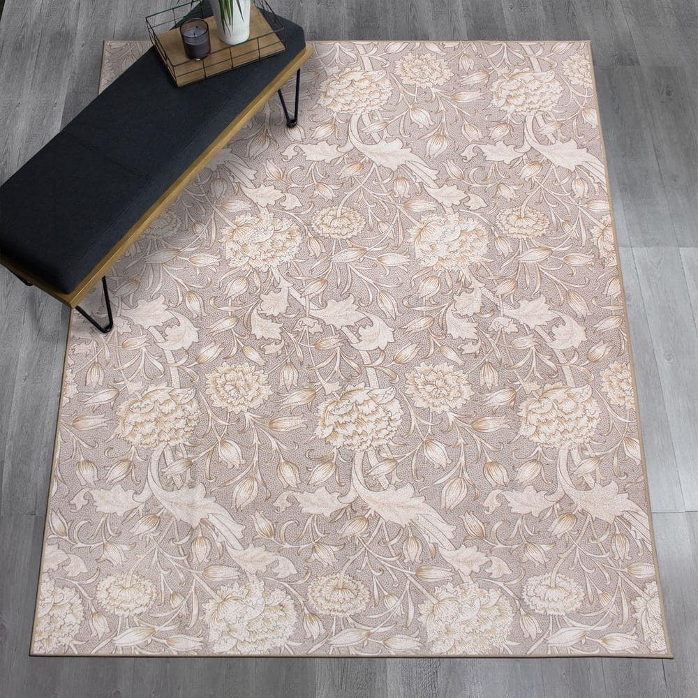 Kalini Gray Floral Machine Washable 5' x 7' Rug