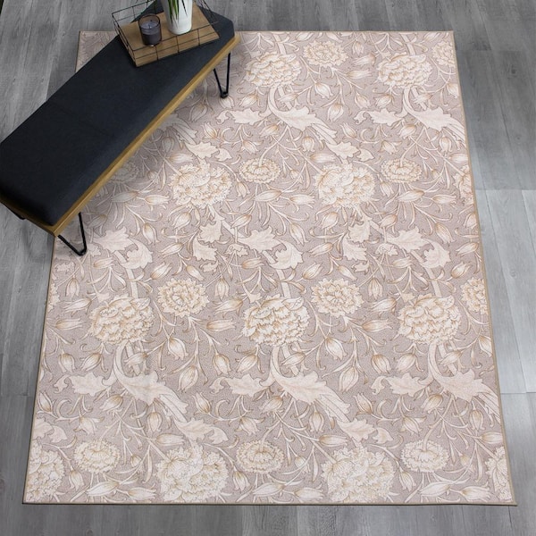 Kalini Floral Natural 5 ft. x 7 ft. Floral Washable Area Rug