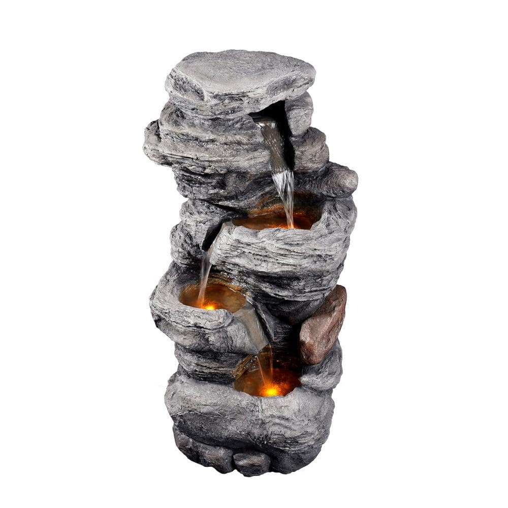 Teamson Home Gray 4-Tier Faux Stone Water Fountain with LED Lights