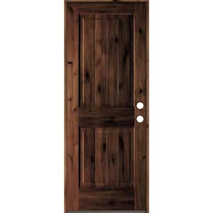 30 in. x 80 in. Rustic Knotty Alder Square Top V-Grooved Red Mahogony Stain Left-Hand Wood Single Prehung Front Door