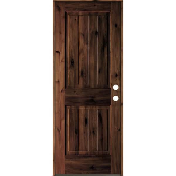 Krosswood Doors 32 in. x 80 in. Rustic Knotty Alder Square Top V-Grooved Red Mahogony Stain Left-Hand Wood Single Prehung Front Door