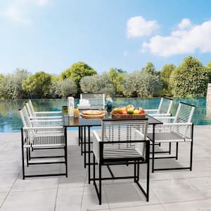 3-Piece Black Metal Rectangular Glass Table Patio Outdoor Dining Set with Rattan Foldable Backrest Chairs (Set of 3)