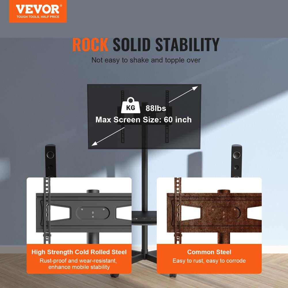 Black Adjustable Mobile TV Stand with Wheels and Tray