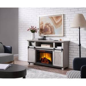 58 in. Infrared Media Sliding Barn Door Electric Fireplace in Grey Washed Oak Engineered Finish