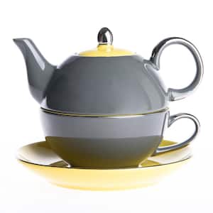 1-Cup 10 oz. Gray Porcelain Teapot Teacup and Saucer Set