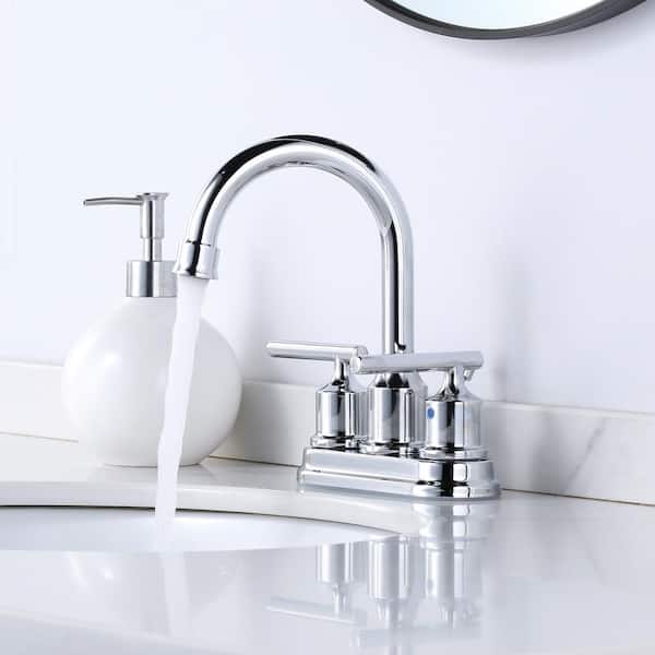 4 in. Centerset Double Handle High Arc Bathroom Faucet with Drain Kit and Supply Lines Included in Polished Chrome