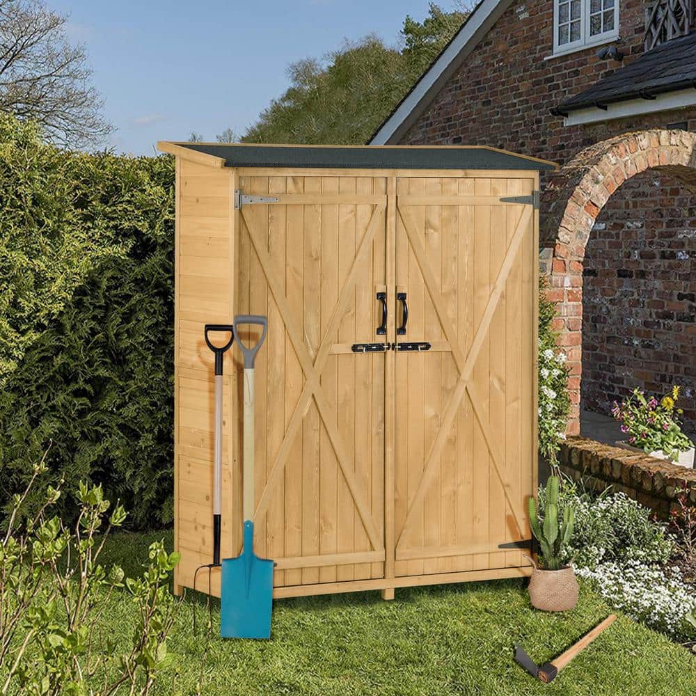 55.1 in. W x 20 in. D x 63.8 in. H Patio Garden Shed 3-Tier Natural Wood Outdoor Storage Cabinet with Lockers Doors price history on PriceWatchPro