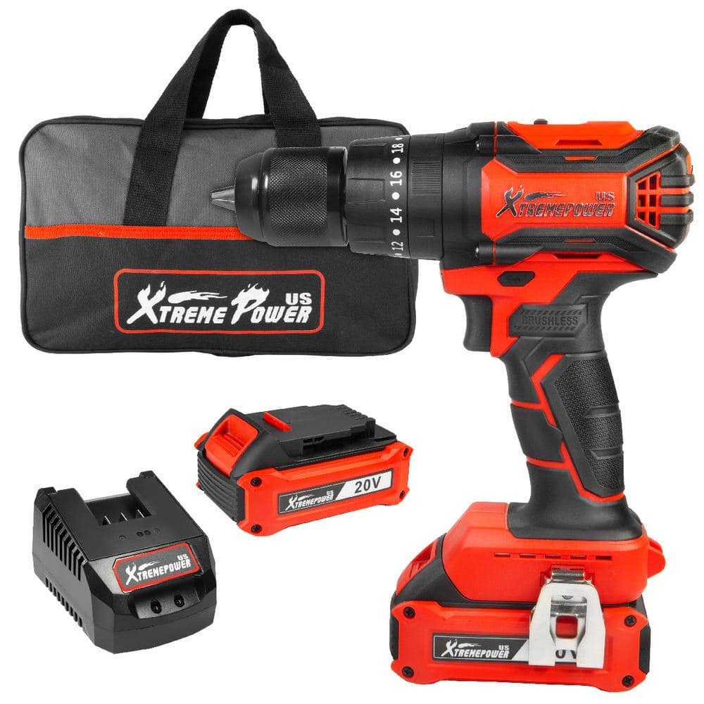 XtremepowerUS 20-Volt MAX Li-Ion Brushless Cordless Impact Drill 1/2 in. Chuck LED Power Drill 2 Ah Battery, Charger & Bag -  47531