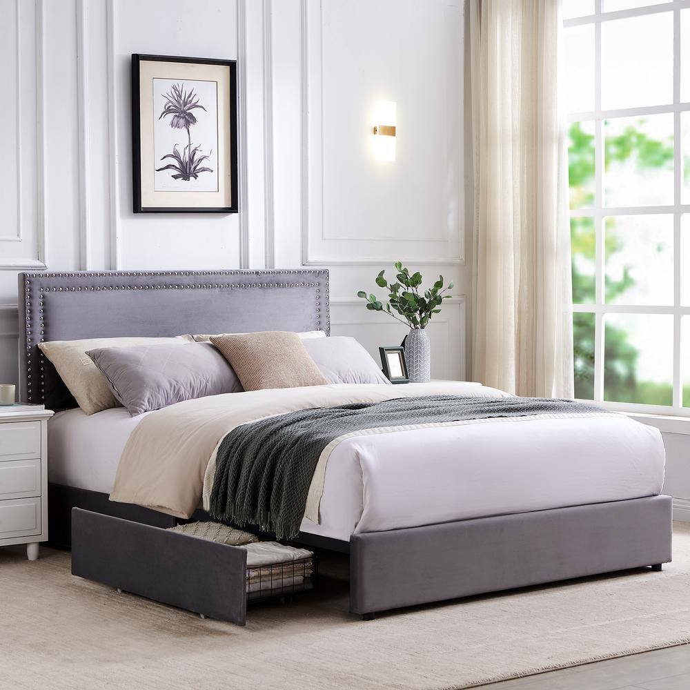 Platform Bed Frame Black Metal Frame King Size Platform Bed with 4 Storage Drawers, Upholstered bed with Headboard - thumbnail 4