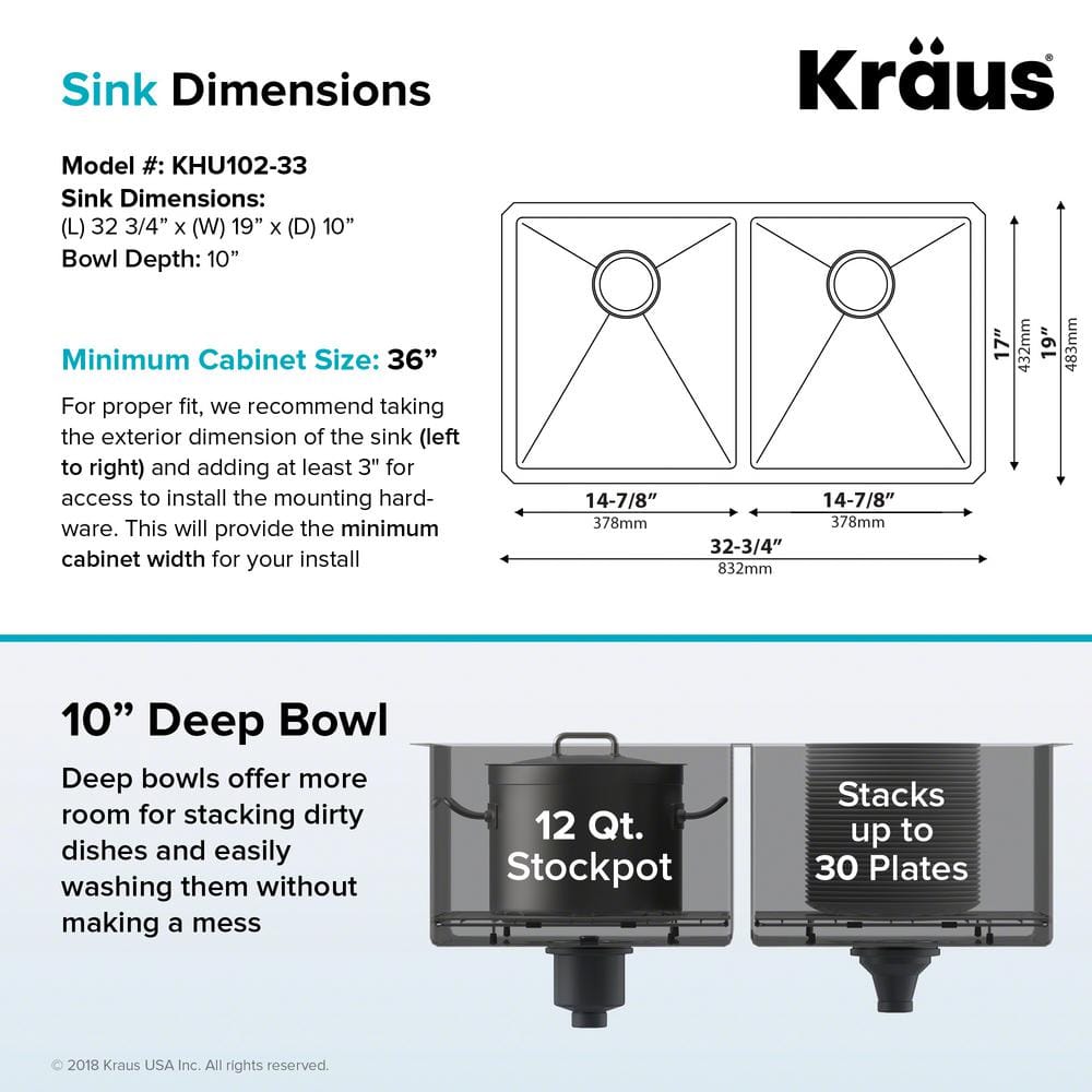Kraus 33" Satin Stainless Steel Double Bowl Undermount Kitchen Sink
