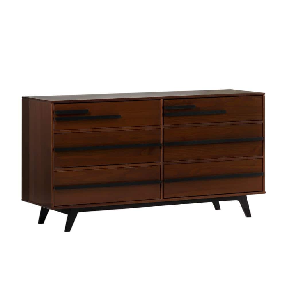Walnut Mid-Century Modern 60" Solid Wood 6-Drawer Dresser