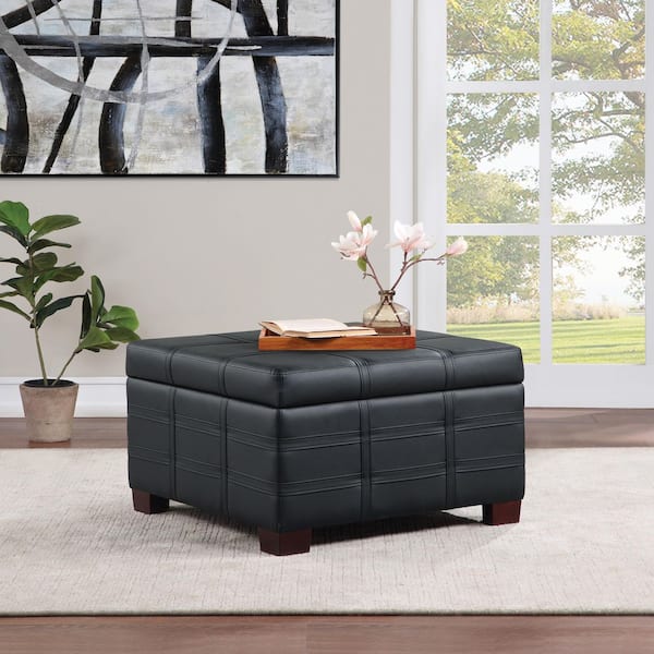 Detour Strap Square Storage Ottoman in Black Faux Leather