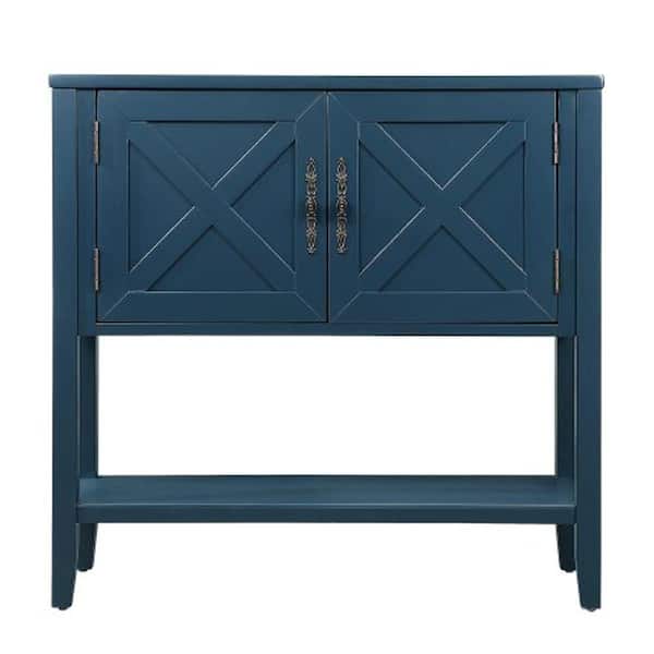 WarmieHomy 35 in. Farmhouse Wood Buffet Sideboard Console Table Bottom Shelf and 2-Door Cabinet in Blue