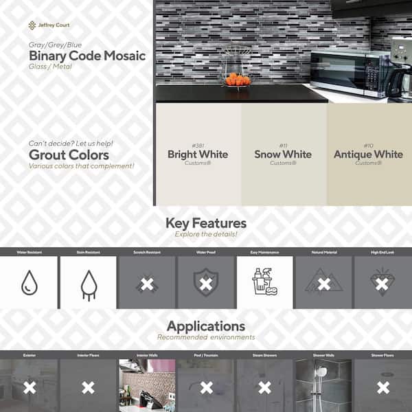 Jeffrey Court Binary Code Gray 11.625 in. x 11.75 in. x 6 mm Interlocking Textured Glass/Stone/Metal Mosaic Tile