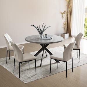 5-Piece Beige Chairs and Round Gray Dining Table, Dining Table Set with Matching 4 Solid Back Chairs for Dining Room