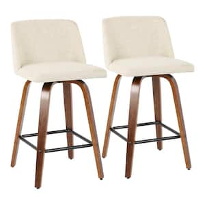 Toriano 26 in. Walnut and Cream Fabric Counter Stool with Black Square Footrest (Set of 2)