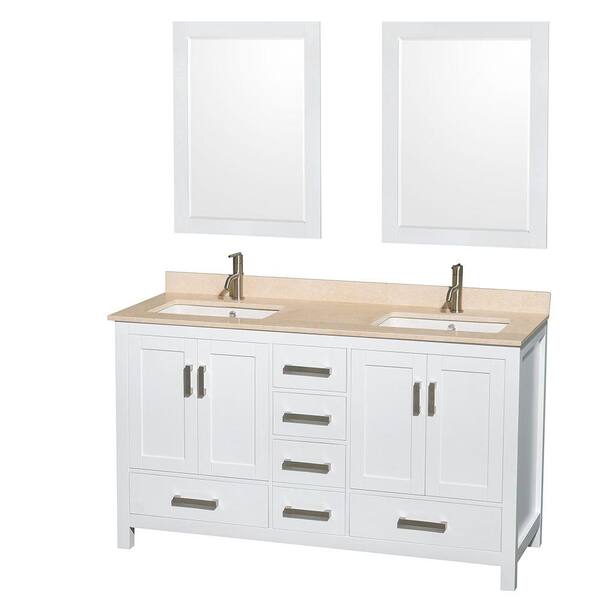Wyndham Collection Sheffield 60 in. Double Vanity in White with Marble Vanity Top in Ivory and 24 in. Mirrors
