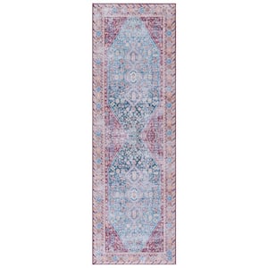 Tucson Blue/Red 3 ft. x 8 ft. Machine Washable Striped Distressed Border Runner Rug