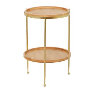 17 in. Brown 1 Shelf Large Round Wood End Accent Table with Gold Metal Legs