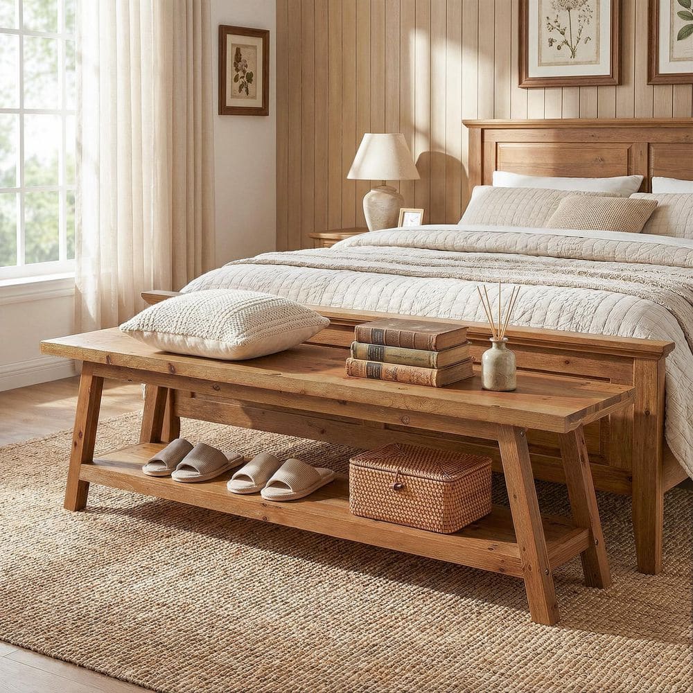 63 in. L Natural Brown Solid Wood Dining Bench with Storage Shelf, Backless, Bedroom Bench