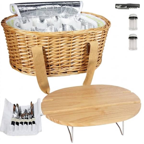 Wicker Picnic Basket Set for 4 with Folding Wine Table, Insulated Cooler Bag and Full Cutlery Service Kit