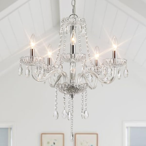 Classic 5-Light Clear Candle Style Traditional Chandelier Pendant Light with Crystal Accents